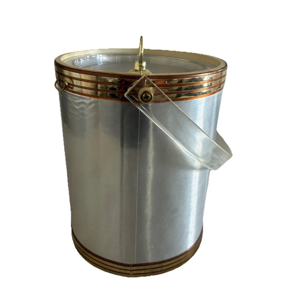 VTG Ice Bucket Silver Vinyl Gold Copper Accents Hooks Barware Shelton MCM *spots